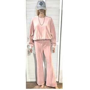 H&M Divided Pink Ribbed Matching Sweater Suit crewneck long sleeve flare pants L